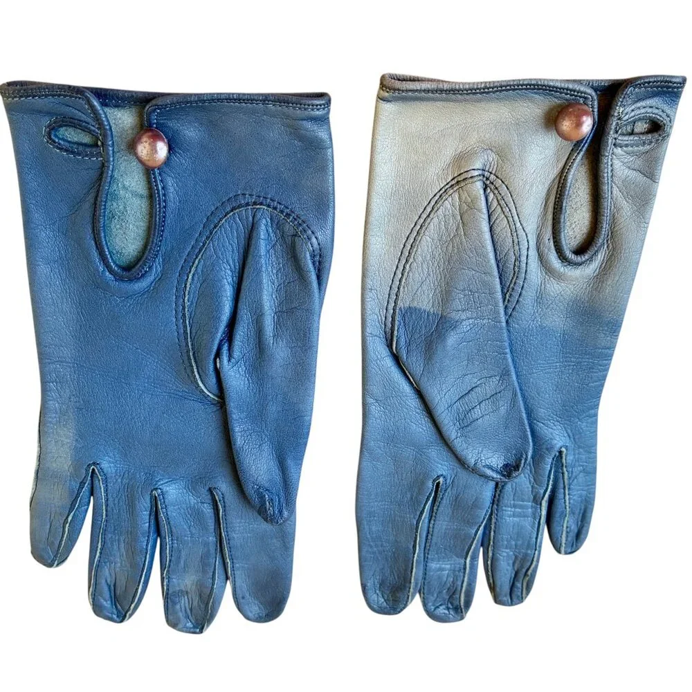 Vintage 70's Blue Leather Gloves Button Womens 7 DAMAGED